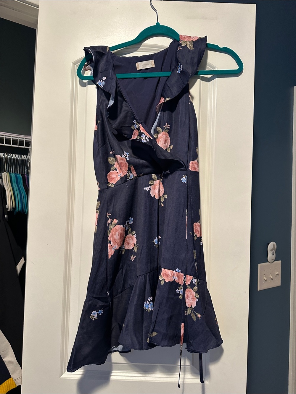 Altar'd State Navy Wrap Mini Dress with Pink Floral Print